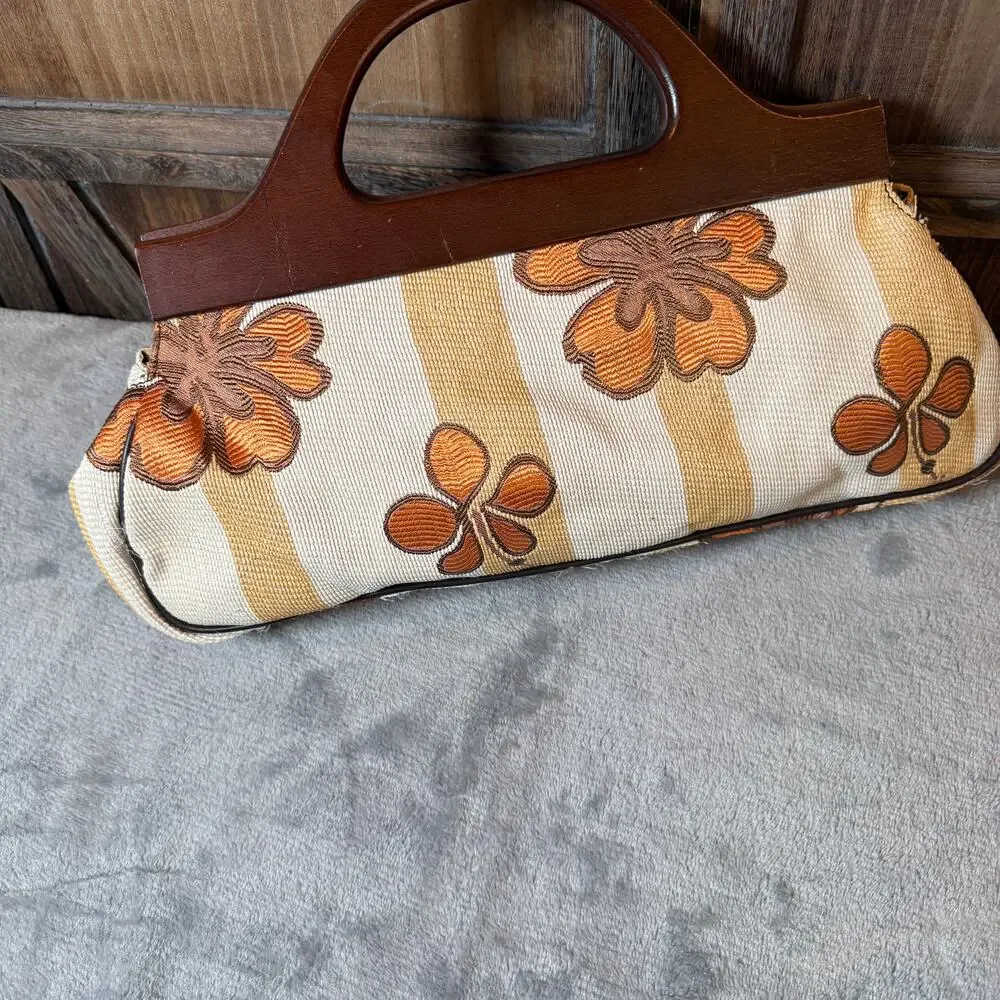 Vintage Nordstrom Italy Floral Tapestry Handbag Wood Handle Boho Retro Purse